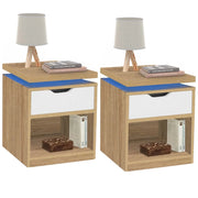 IDMarket - Set di 2 comodini LED LUNA a 1 cassetto con nicchia in faggio e bianco