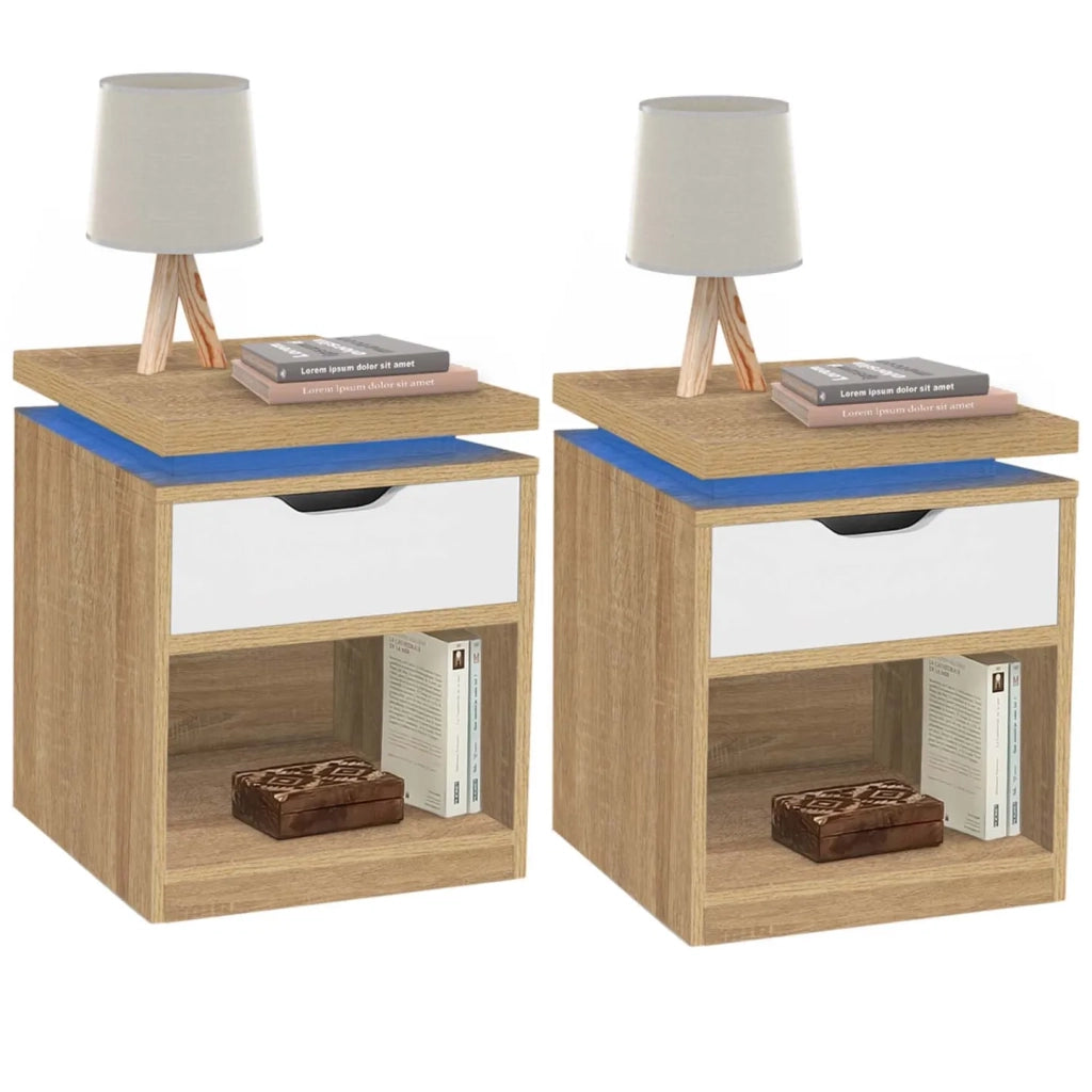 IDMarket - Set di 2 comodini LED LUNA a 1 cassetto con nicchia in faggio e bianco