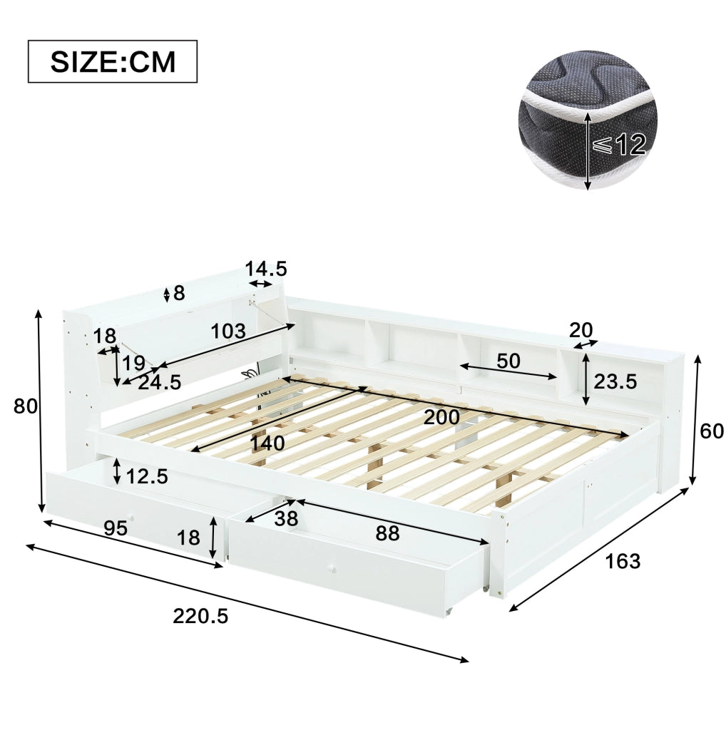 Letto matrimoniale 140x200 cm bianco con contenitore, luci e presa di ricarica