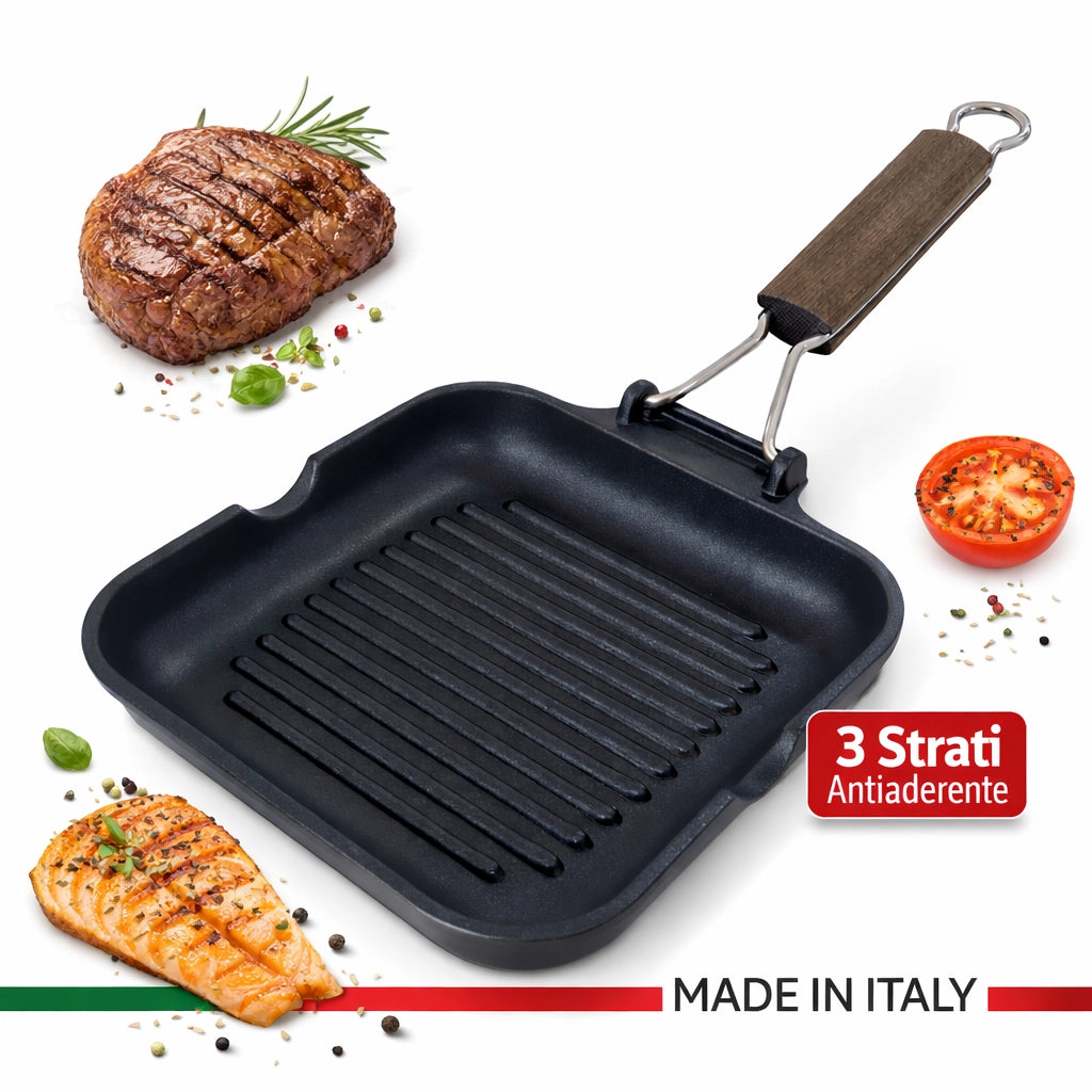 Bistecchiera 20x20 cm Antiaderente 3 Strati Manico Pieghevole Salvaspazio Made in Italy