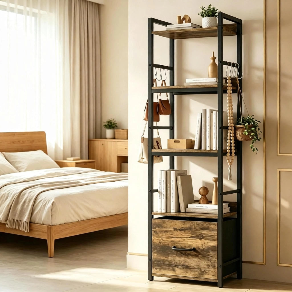 LIBRERIA a 4 ripiani con cassetto e 8 ganci 39x26x136,5 cm marrone rustico