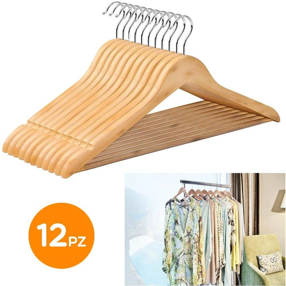 Trade Shop - Set 12 Grucce Appendiabiti Stampelle In Legno Porta Abiti Armadio Casa Negozio -