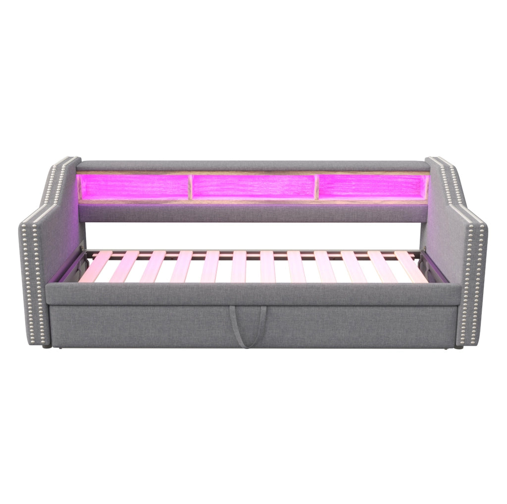 Divano letto imbottito estraibile 90/180 x 190 cm con vani portaoggetti; LED e USB; grigio chiaro