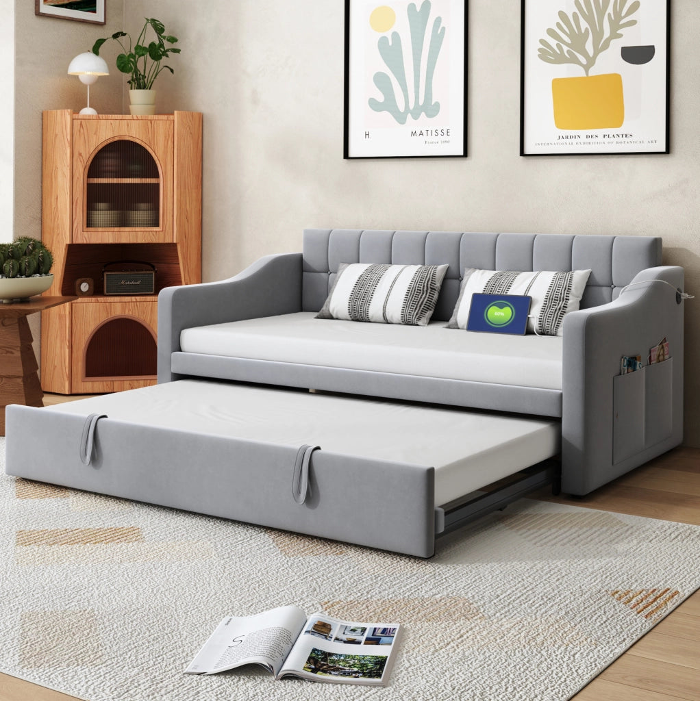 Letto imbottito estraibile 90x190 cm in velluto grigio chiaro con porte USB