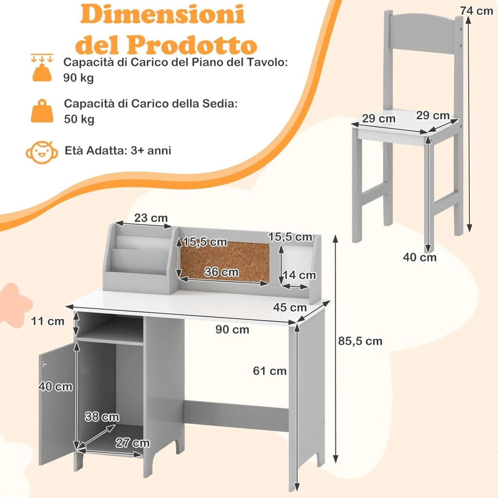 Set Scrivania e Sedia per Bambini per Studio e Lettura, Grigio | Banco Scuola con Sedia Ergonomica, Lavagna Bianca, Pennarello, Armadietto e Bacheca, Postazione Computer per Cameretta Studio