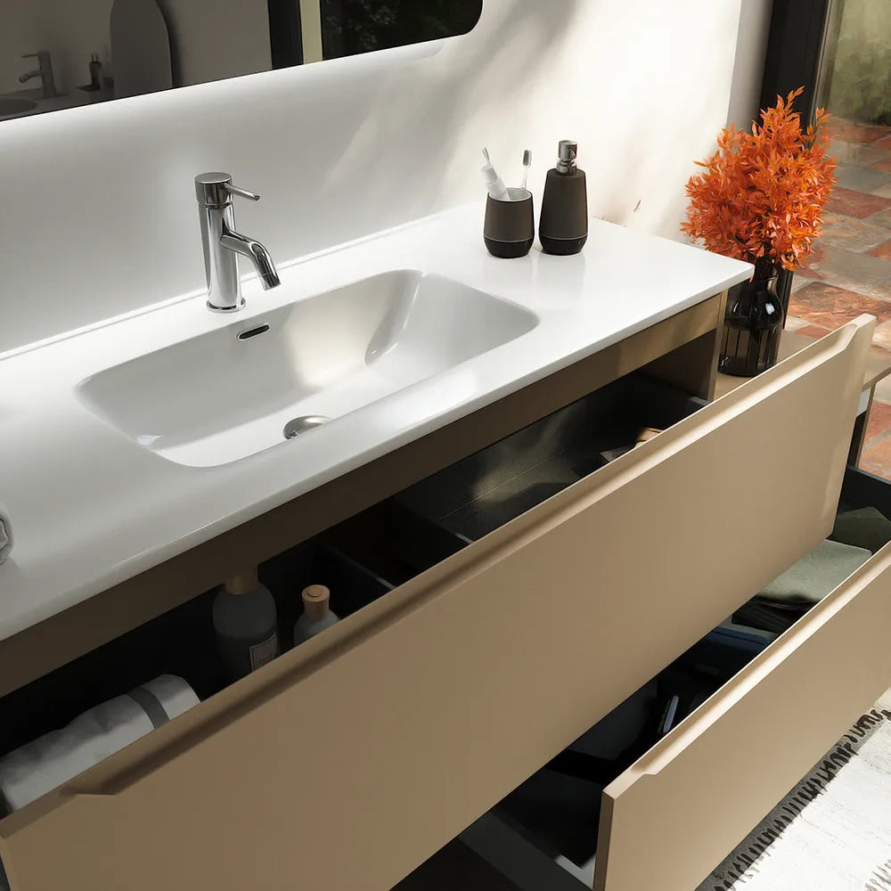 Mobile bagno sospeso modulare 90 cm sabbia opaco due cassetti con lavabo | Bako