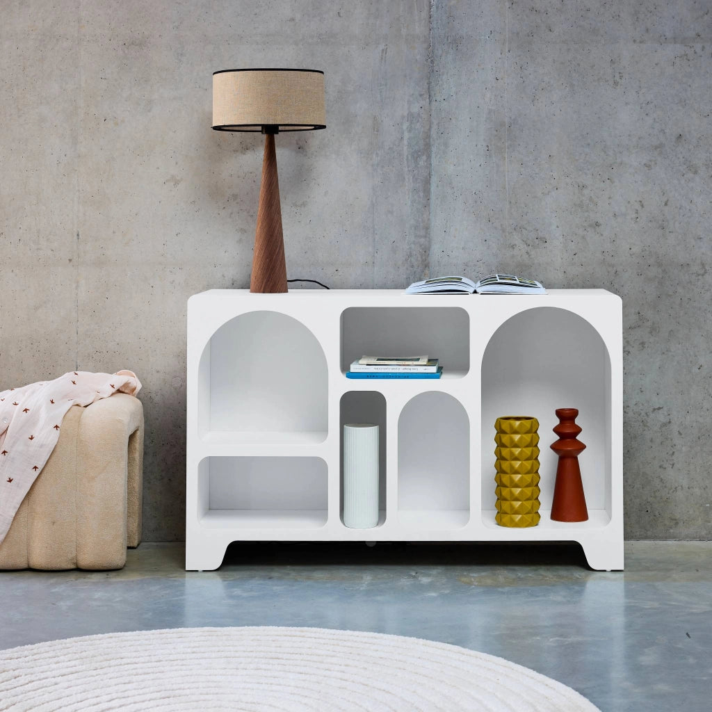 Credenza organica a 6 scomparti effetto legno, 120cm, bianco