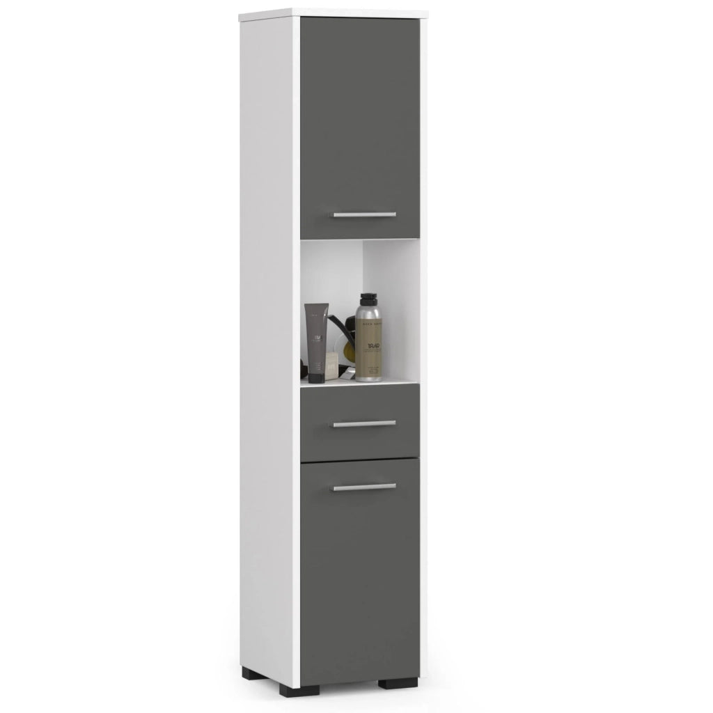 Colonna da bagno AKORD FIN Bianca 30 cm 2 ante 1 cassetto inserto frontale Grigio Grafite 30x30x140 cm