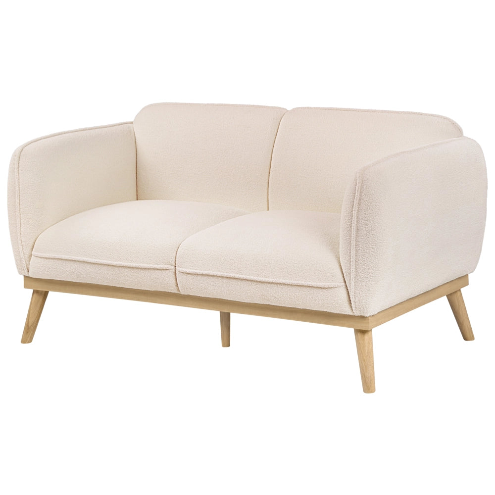 Set da salotto in stile scandinavo con divani a 2 e 3 posti, gambe affusolate in legno e rivestimento in bouclé beige chiaro