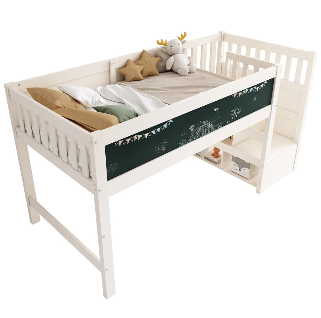 Letto a soppalco 90x200 cm con scala contenitore e lavagna in legno bianco