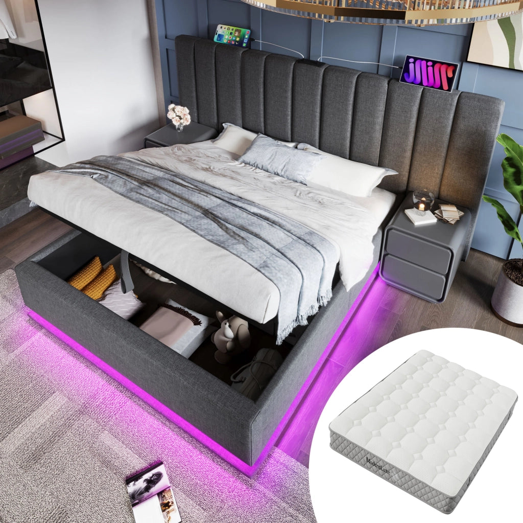Letto contenitore 180x200 cm con LED; USB e materasso; lino grigio