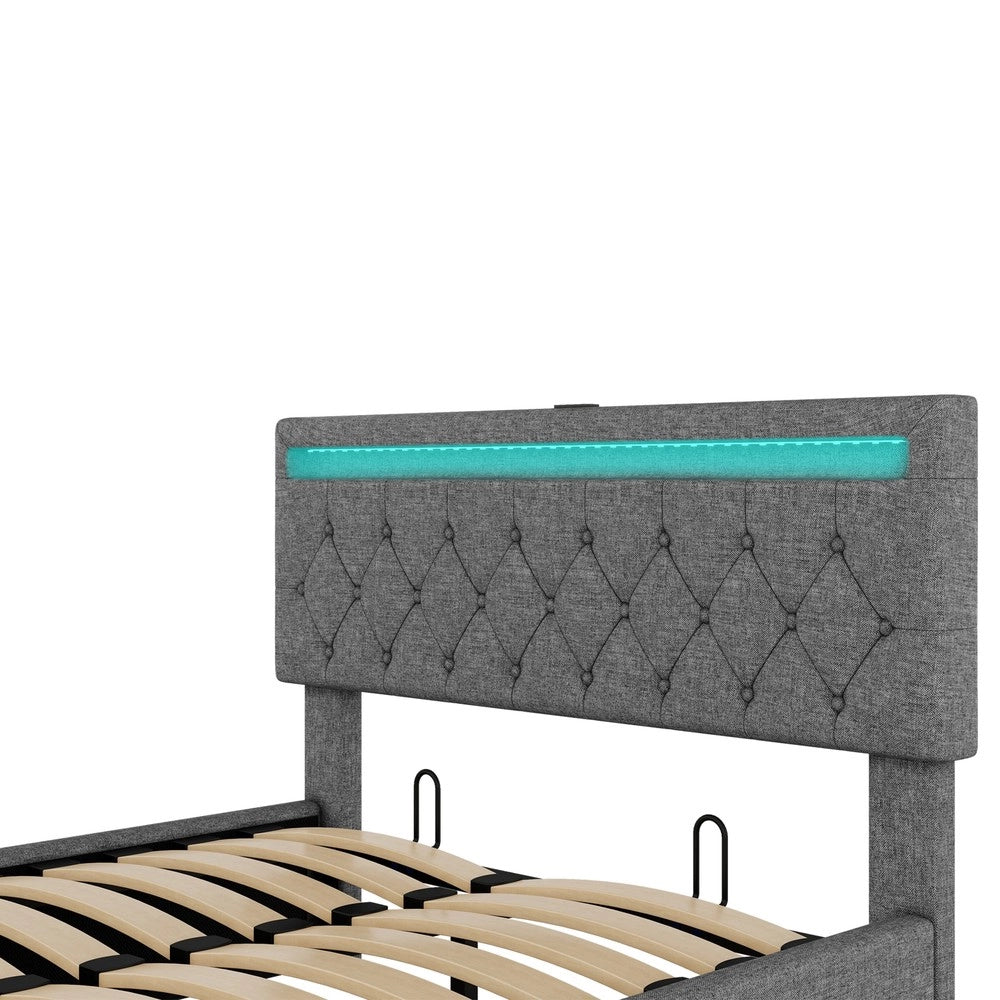 Letto Contenitore Imbottito con LED e USB ¨C MINIMAL ¨C Grigio 140x200