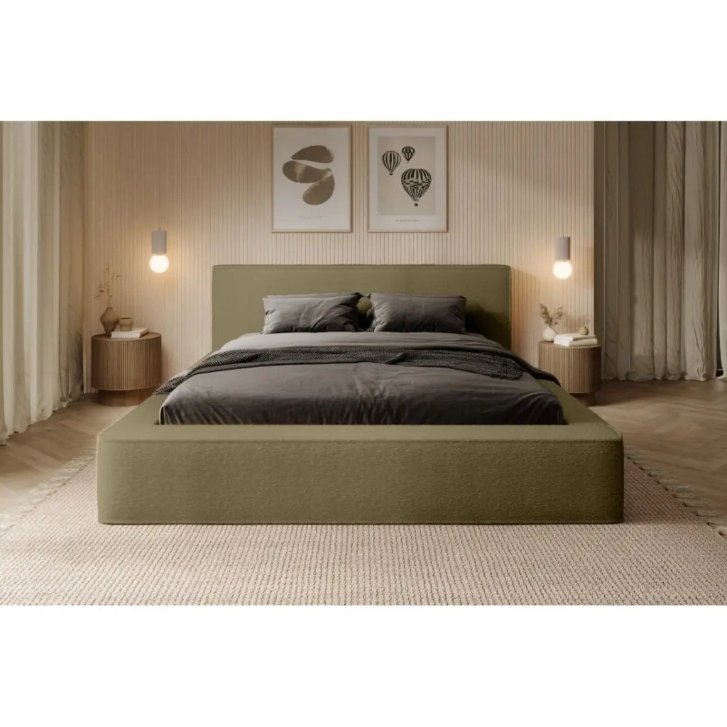 Letto contenitore VELORA – Olive bouclé – 140x200 cm – Tessuto velluto morbido – Rete sollevabile – Spazio di stoccaggio integrato