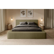 Letto contenitore VELORA – Olive bouclé – 140x200 cm – Tessuto velluto morbido – Rete sollevabile – Spazio di stoccaggio integrato