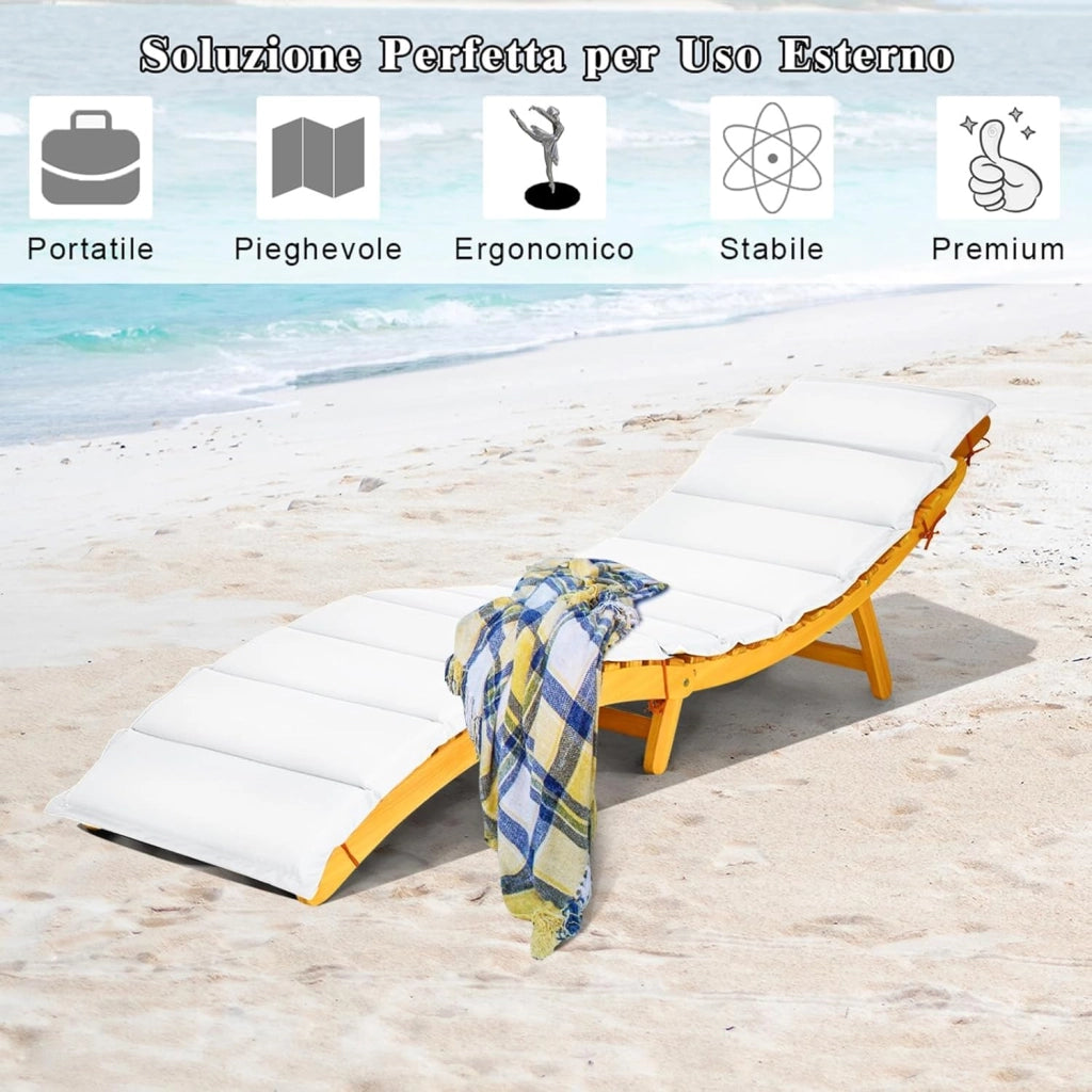 Lettino Prendisole Pieghevole per Giardino, Sedia a Sdraio Pieghevole da Esterno in Legno, Lettino da Esterno con Cuscino per Giardino, Prato, Cortile, Portata 180 kg, 190 x 55 x 52 cm (1)