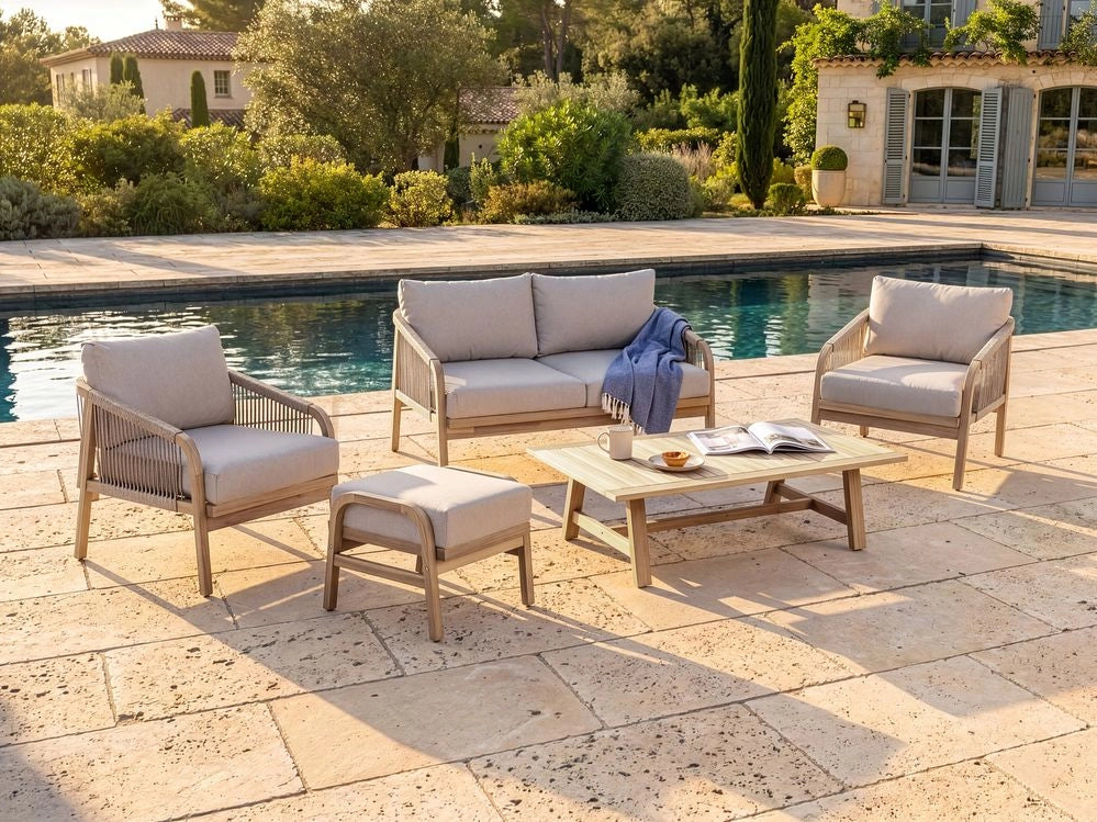 Set da giardino 4 elementi in legno di acacia con cuscini beige chiaro salotto da esterno design moderno