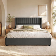 Letto matrimoniale imbottito con contenitore 140x200 cm in lino grigio; con testiera e rete sollevabile