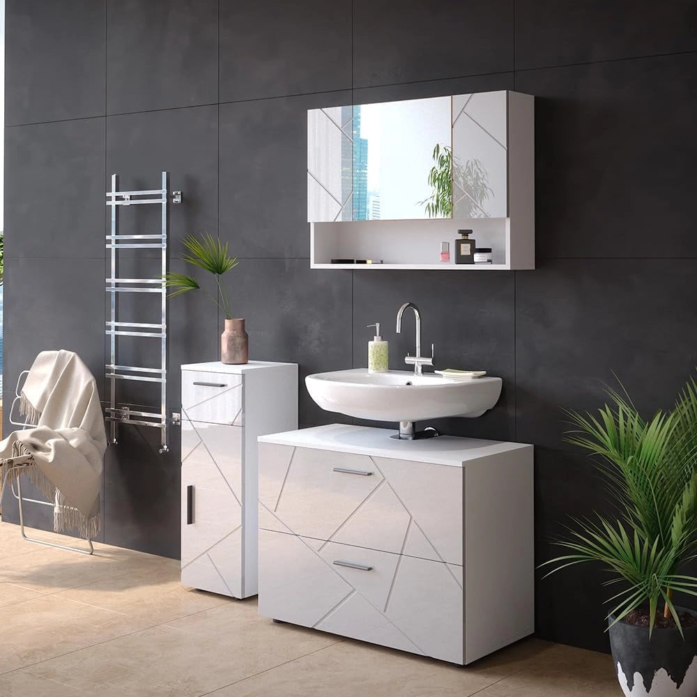 Specchio contenitore bagno Irma, Bianco lucido, 80.1 x 55 cm, con specchio e ripiani aperti per montaggio a parete