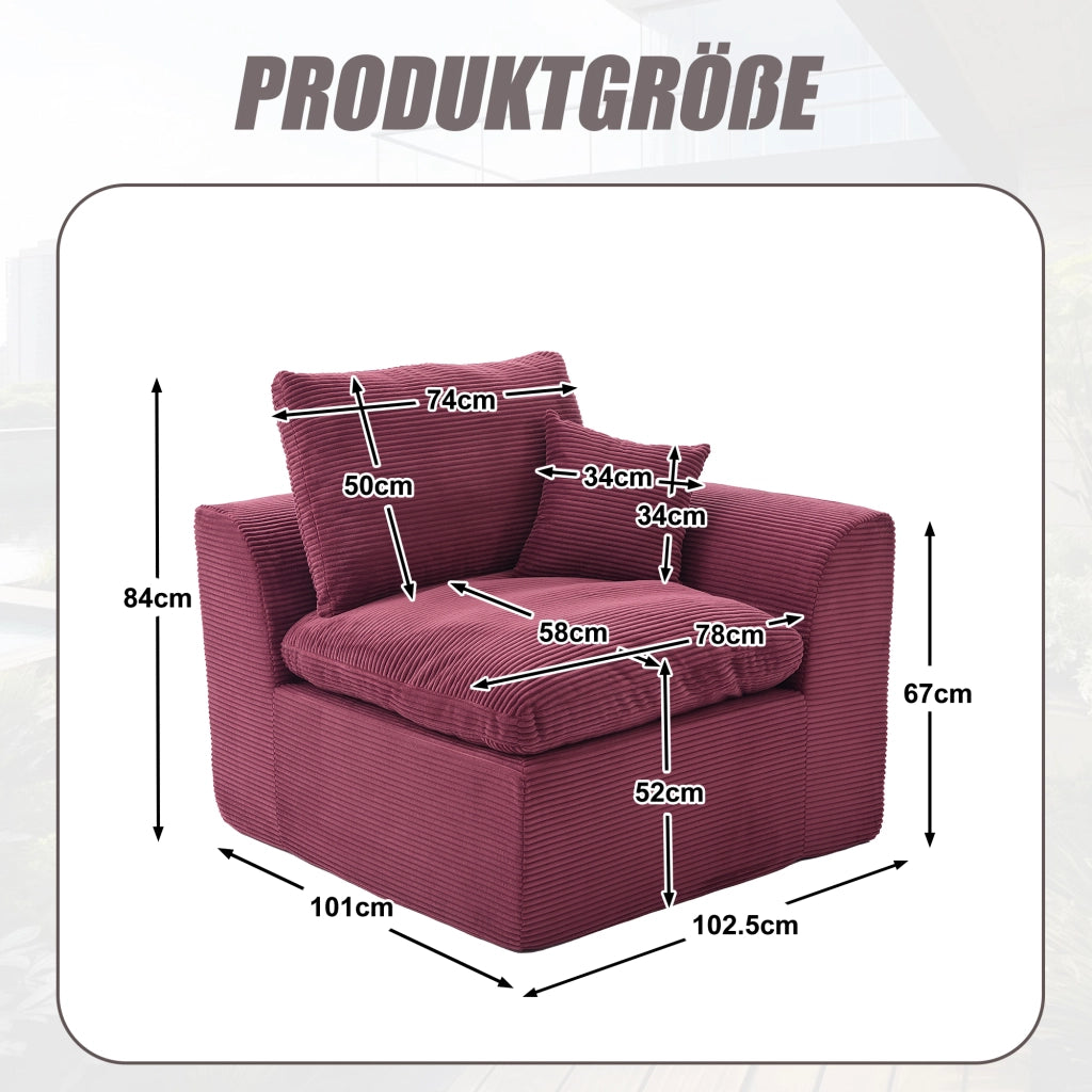 OKWISH Poltrona in Velluto a Coste, Seduta Imbottita con Cuscino e Design Minimalista, Rosso Vino, 101 × 102.5 × 84 cm