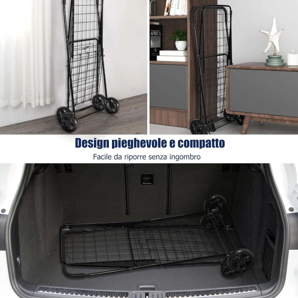 Carrello Portaspesa Pieghevole, Carrello Spesa con Ruote, Capacità di Carico: 45 kg, 83L, 57 x 58 x 91 cm (Nero)
