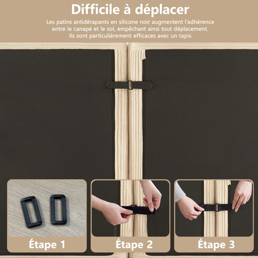 Divano modulare 4 posti in velluto di cotone beige, senza gambe, con seduta profonda e base antiscivolo