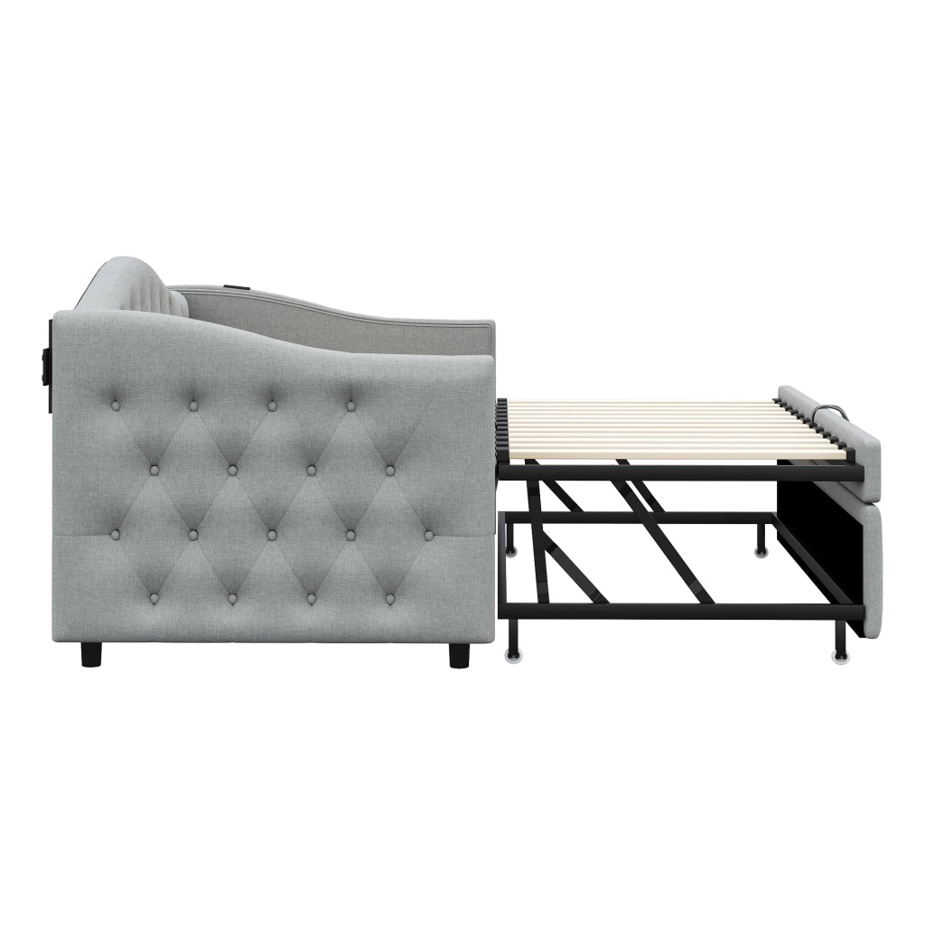 Letto divano 90 × 200 cm con porta USB, letto estraibile, senza materasso, in tessuto effetto lino, grigio