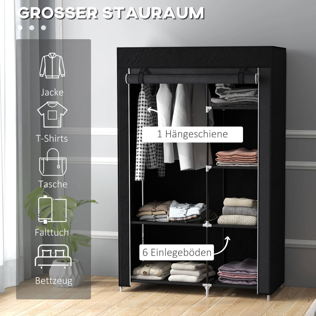 Armadio portatile in tessuto con 1 barra appendiabiti e 6 ripiani per camera da letto e lavanderia nero 103 × 43 × 162,5 cm