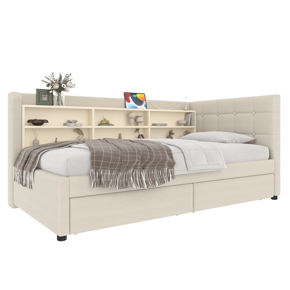 Letto Diurno con Cassetti e Rete a Doghe ¨C MINIMAL ¨C Lino Beige 90x200
