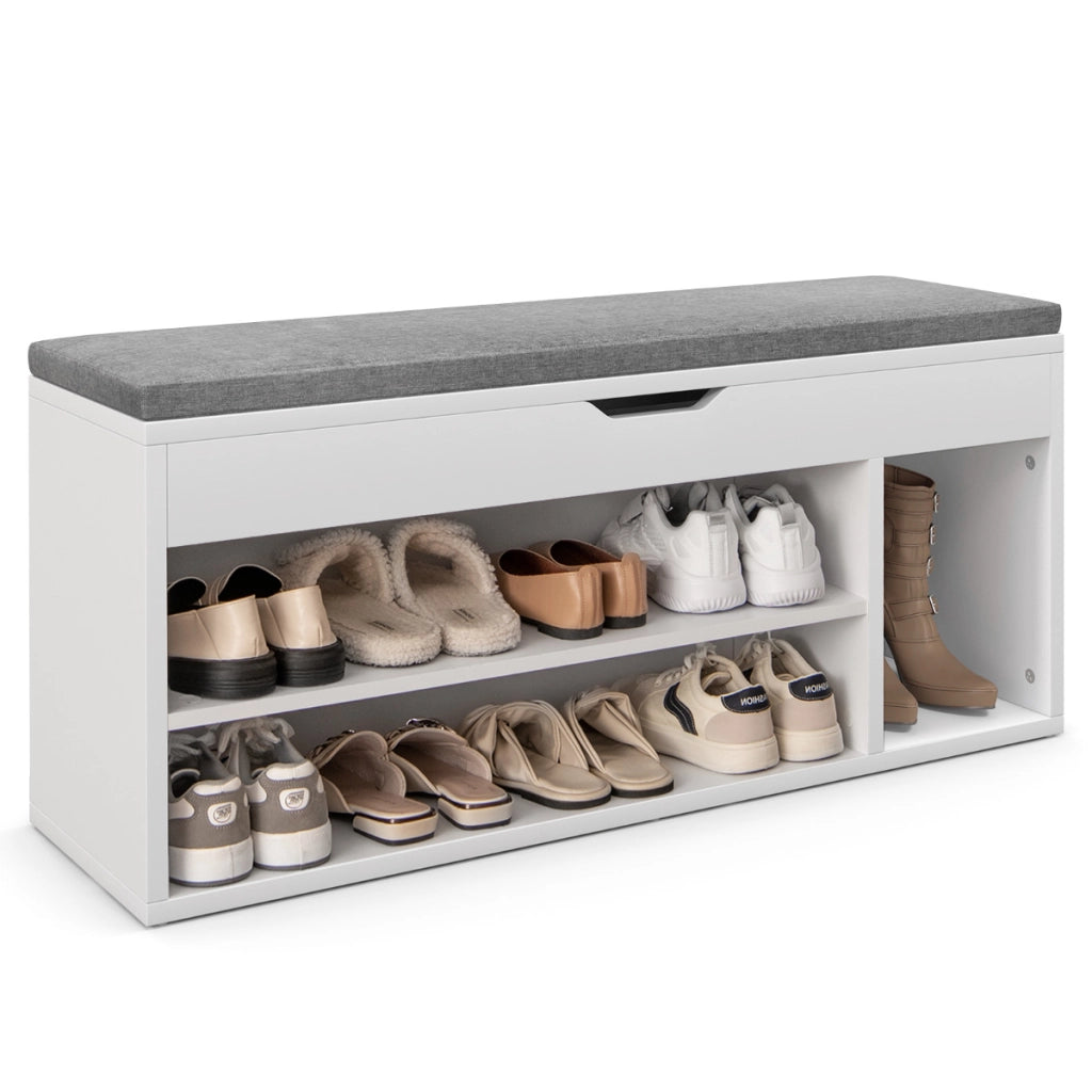 Scarpiera in legno con cuscino morbido e cassetto due ripiani 104x30x48cm Grigio