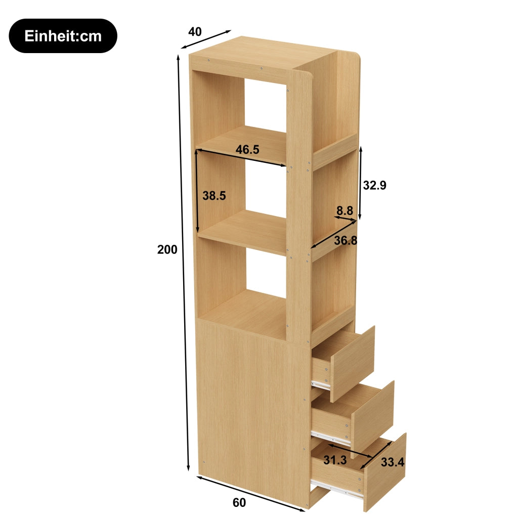 Libreria con 3 vani aperti e 3 cassetti, lato reversibile, con sicurezza antiribaltamento, rovere, 60 × 40 × 200 cm