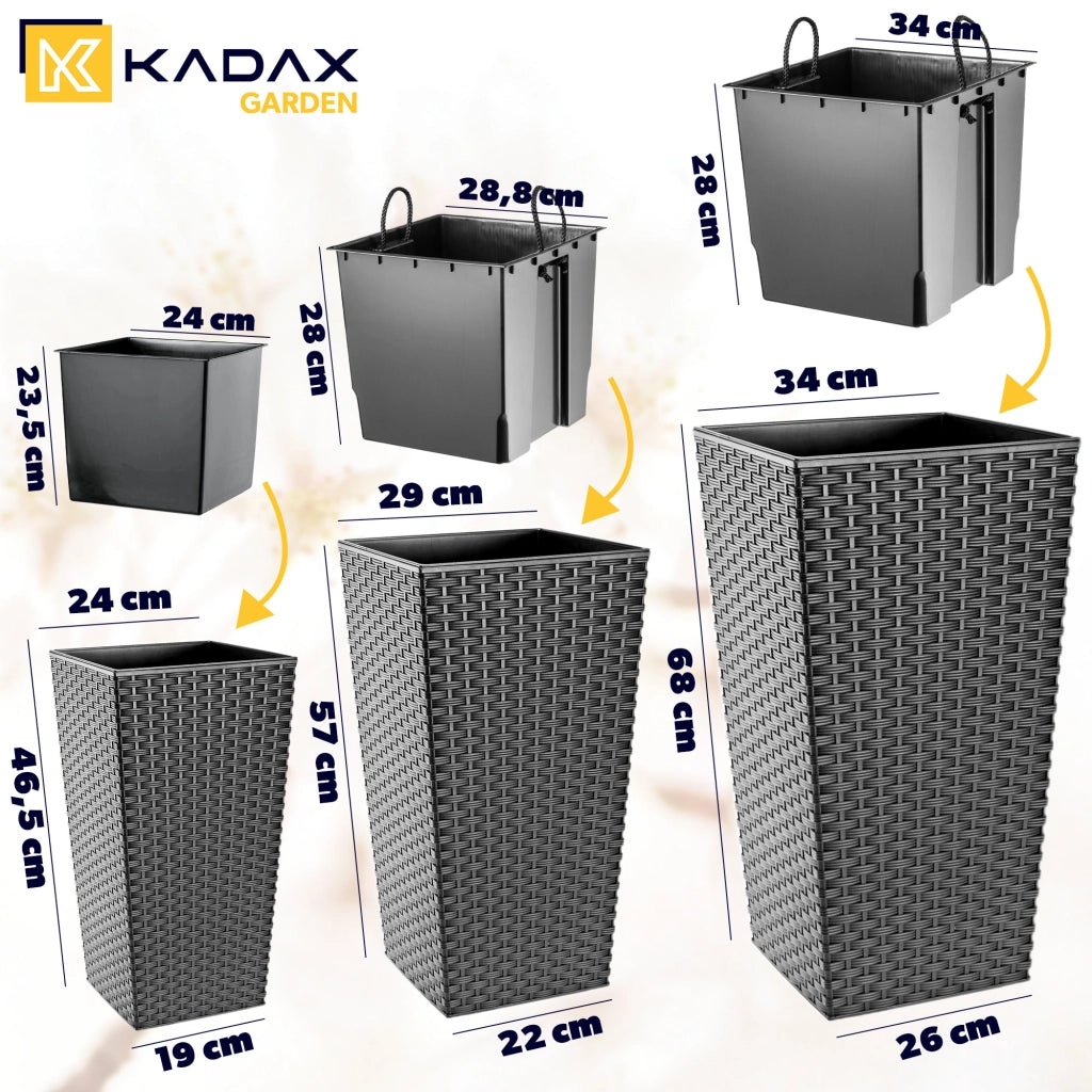 Set di 3 vasi da fiori KADAX, vasi da giardino + inserti, alti e grandi, grafite, 47+57+68 cm