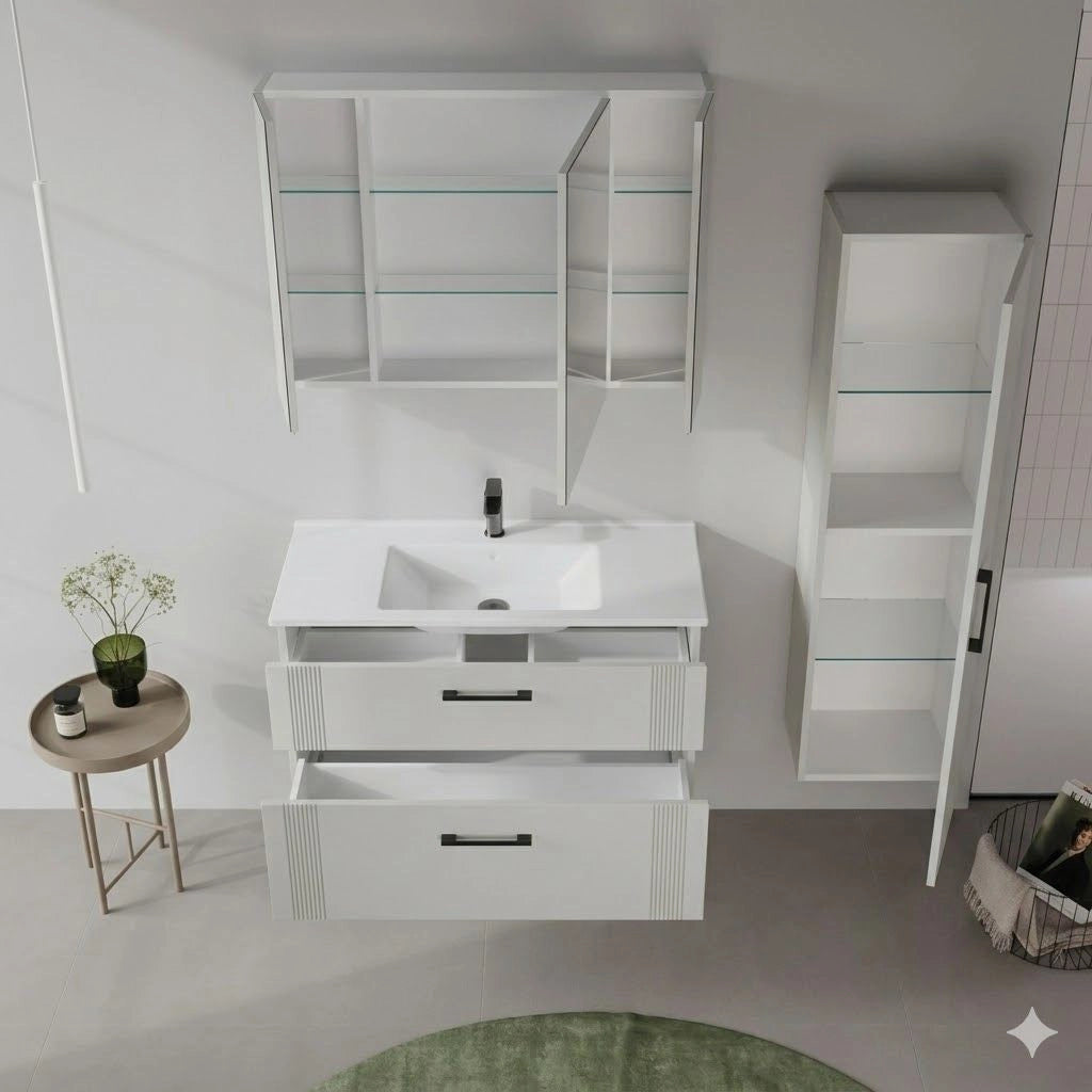 Set mobile lavabo con specchio (2 pezzi) "Bari 100 v2" - 100 x 45 x 55 cm - Cashmere opaco