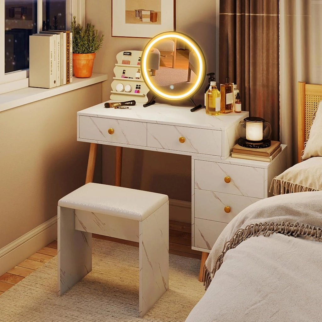 Tavolo da trucco moderno con sgabello imbottito, 3 colori di illuminazione, luminosità regolabile, 5 cassetti, gambe in legno massello, finitura effetto marmo