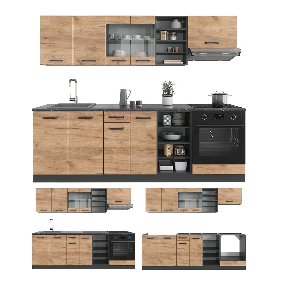 Cucina componibile R-Line Rovere dorato/Antracite 240 cm senza piano di lavoro Vicco