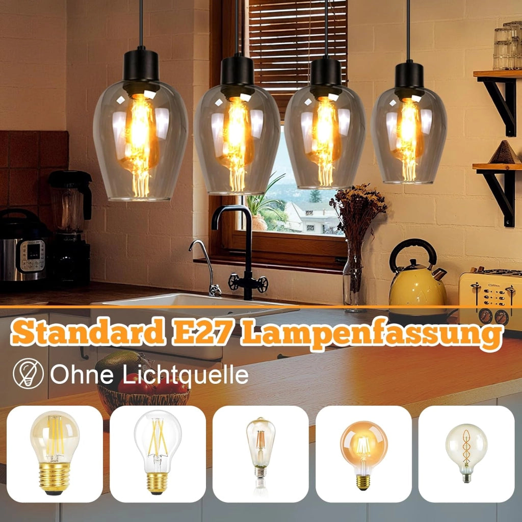 ZMH Lampada a Sospensione 4 Luci Vintage Vetro E27 per Sala da Pranzo Isola Cucina Soggiorno Senza Lampadina