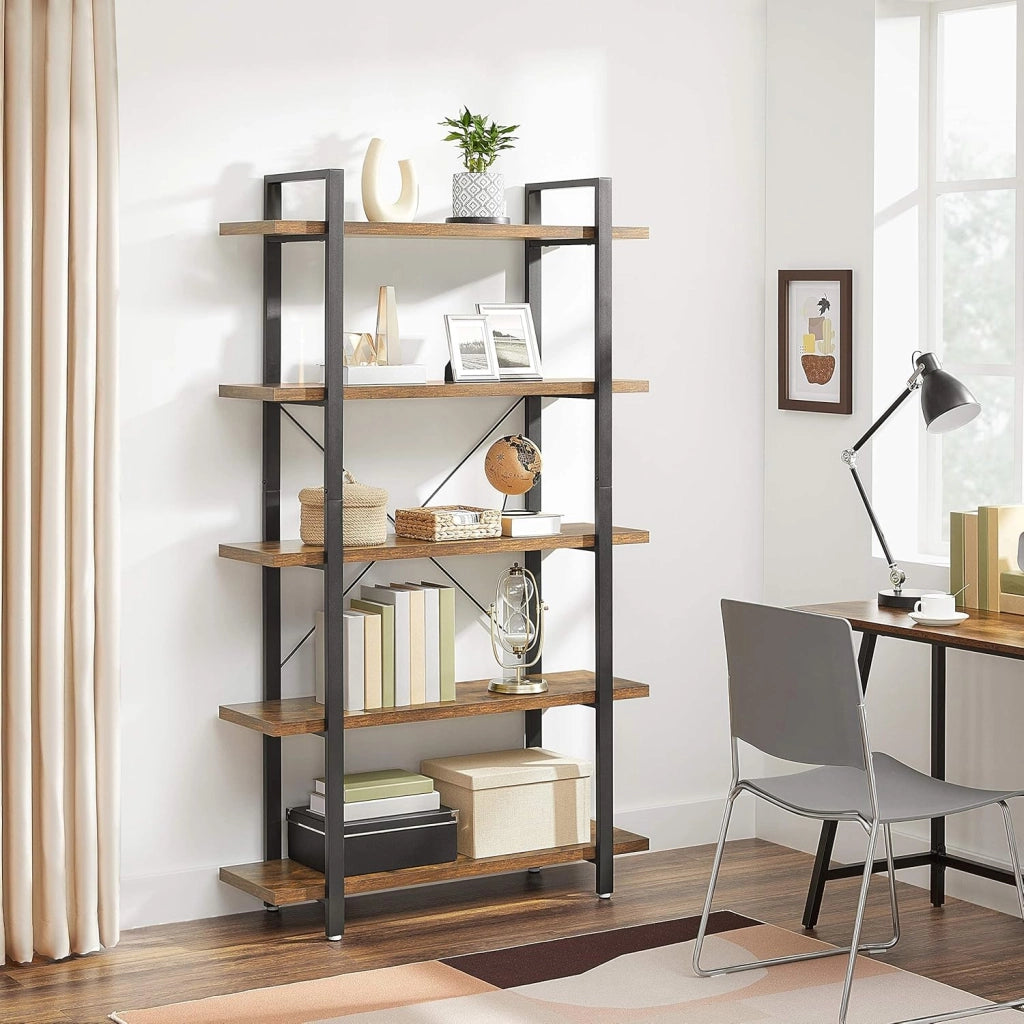 VASAGLE Libreria a 5 Ripiani, Scaffale in Stile Industriale, Portaoggetti Stabile, Facile da Montare, per Soggiorno, Camera da Letto, Ufficio, Marrone Vintage e Nero LLS55BX