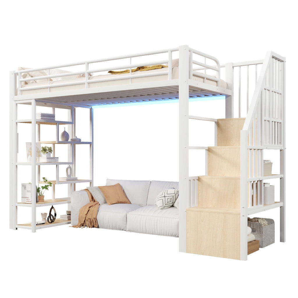 Letto a soppalco 90x200 cm con spazio libero sottostante; LED; ripiano; gradini integrati e parapetto; metallo bianco
