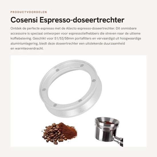 Doseatore di caffè in alluminio compatibile con portafiltro 51/53/58mm - progettato per ridurre la dispersione di polvere - realizzato con materiale leggero e duraturo - peso circa 52 g