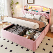 Letto imbottito 140x200 cm con contenitore idraulico; LED; USB/USB-C e rivestimento rosa
