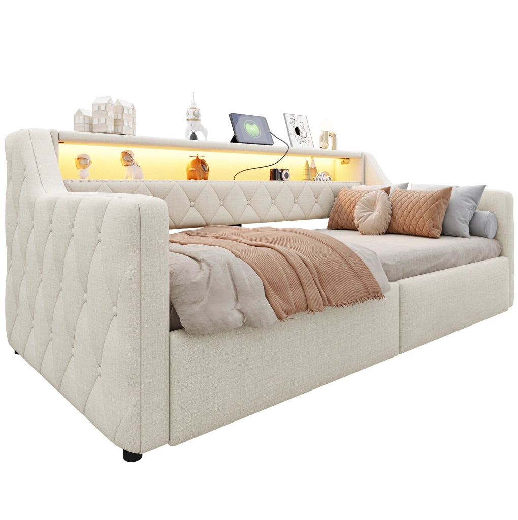 Daybed 90x200 cm con illuminazione LED; vano contenitore idraulico; USB e USB-C; in lino beige