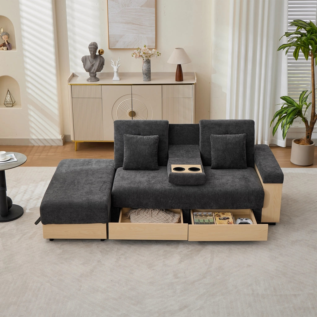 Divano modulare, schienale regolabile, 2 cassetti, tessuto chenille, struttura in MDF, con portabicchieri, poggiapiedi con vano portaoggetti, grigio
