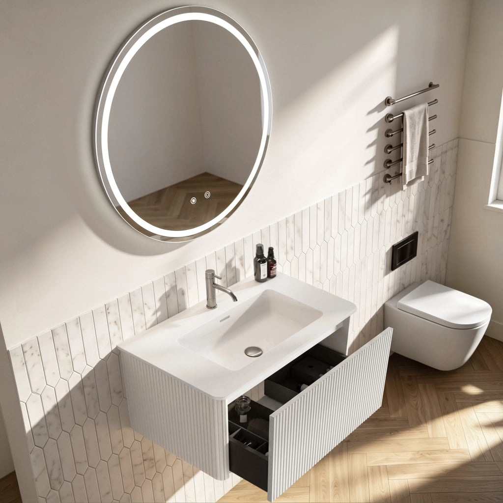 Mobile sottolavabo sospeso con specchio LED, lavabo integrato e cassetto per bagno, in MDF bianco, 80 cm