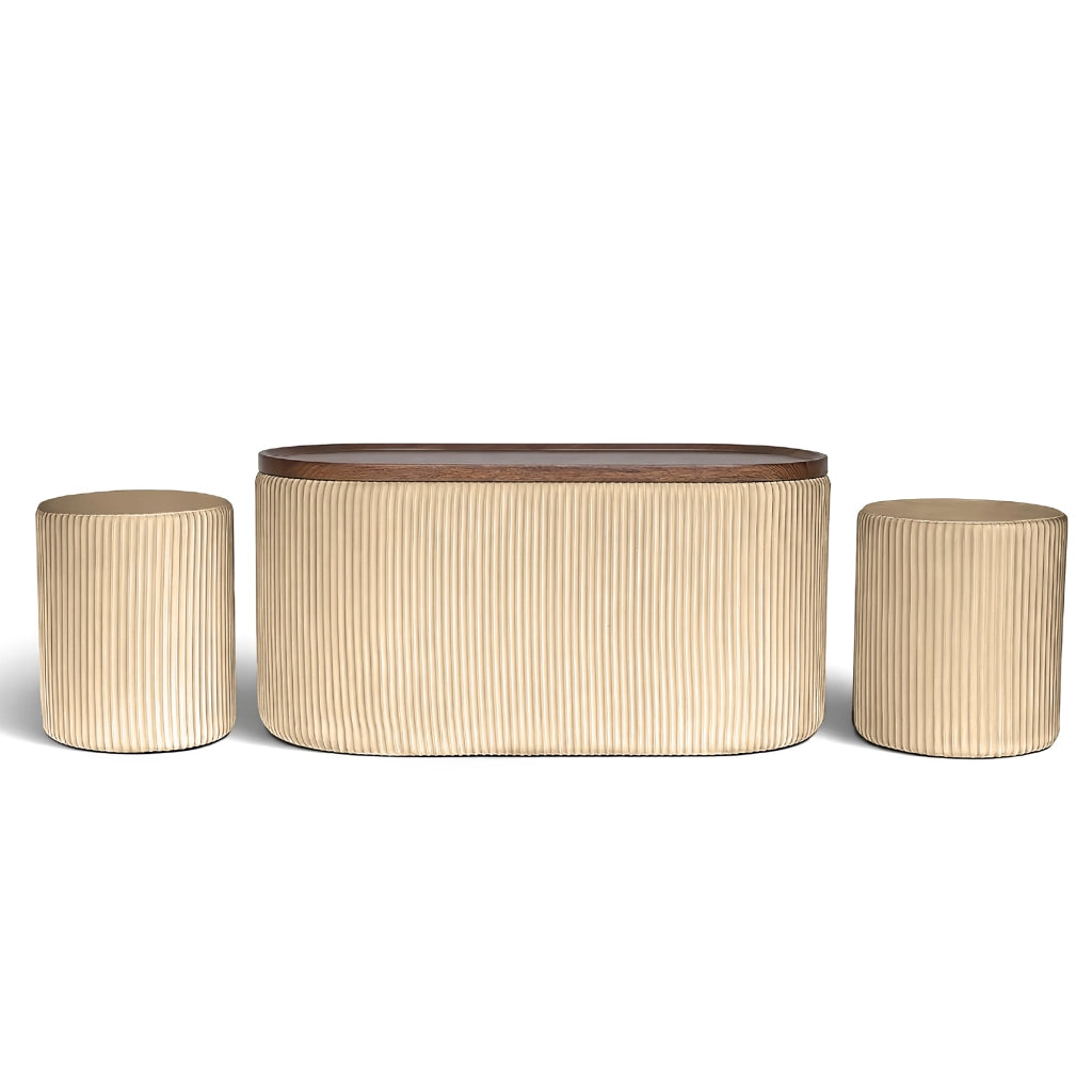 Set 3 Pouf Contenitore con Tavolino da Salotto Ovale in Velluto e Coperchio in Legno, 2 Pouf Interni Salvaspazio, Tavolino Contenitore Moderno, Seduta Imbottita Crema