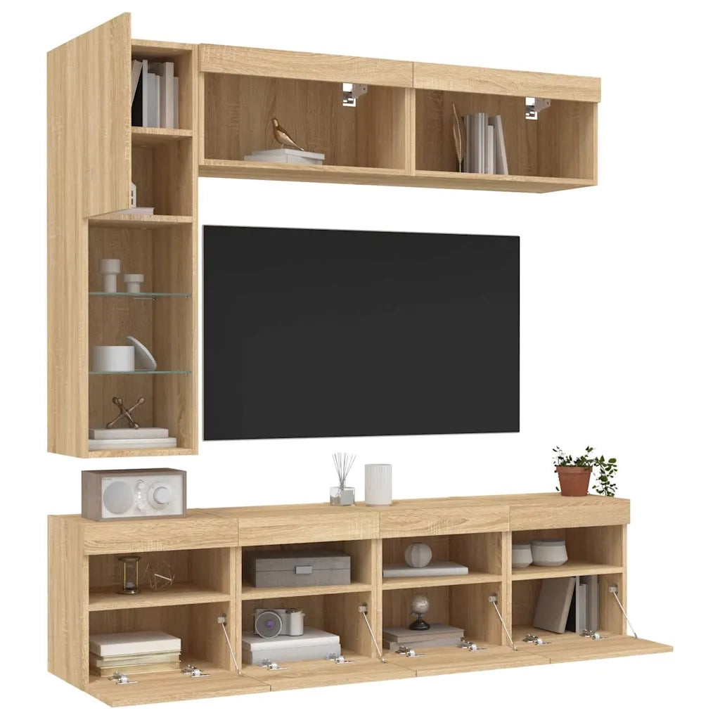 Set Mobili TV a Muro 7 pz | Armadietto TV | Mobile Porta TV con Luci LED Rovere Sonoma