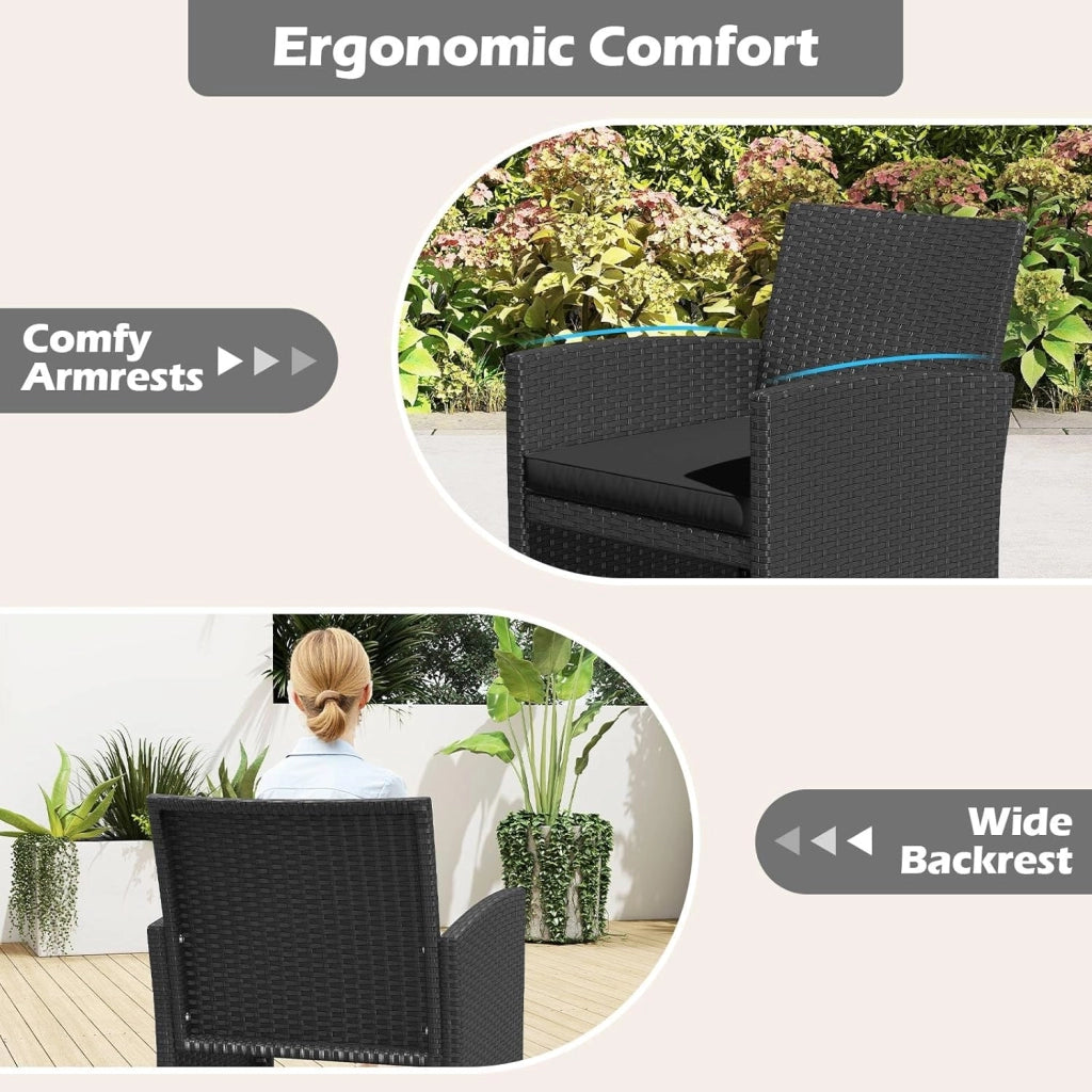 Set di salotto da giardino esterno in rattan PE 4 pezzi, divano a 2 posti, 2 poltrone, tavolino da salotto con piano in vetro, per 4 persone, mobili da giardino per terrazza, patio, nero