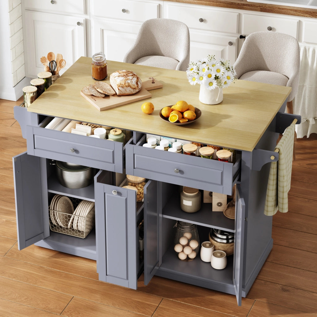 Isola da cucina con piano ribaltabile 121x49(69)x89 cm in MDF naturale e grigio