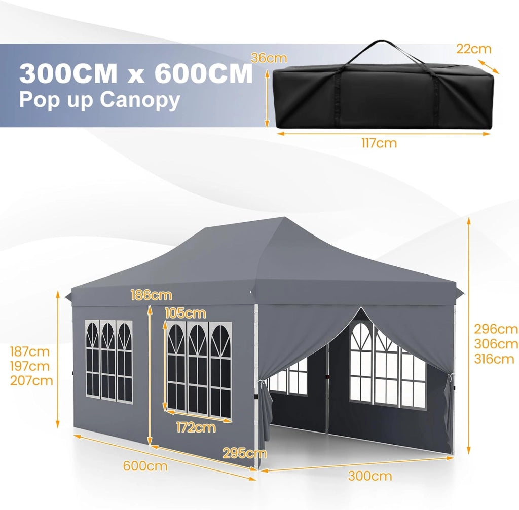Gazebo da Giardino 3x6m, Gazebo Esterno Resistente Pop Up con 6 Pannelli Laterali e Finestre, 3 Altezze Regolabili, Tenda da Giardino per Matrimoni, Feste, Eventi Commerciali (Grigio)