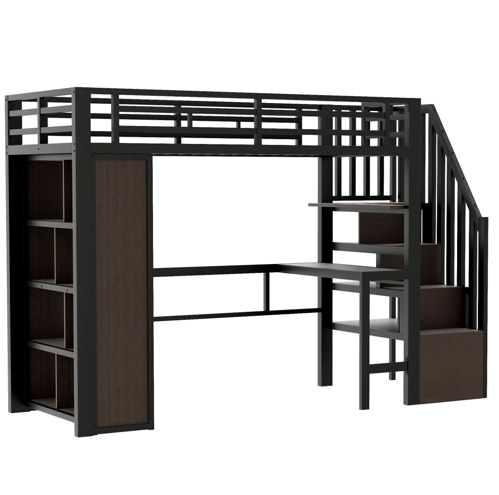 Letto a soppalco ULEVR 90x200 cm con scrivania, scaffali, gradini contenitore e LED controllabile via app, nero