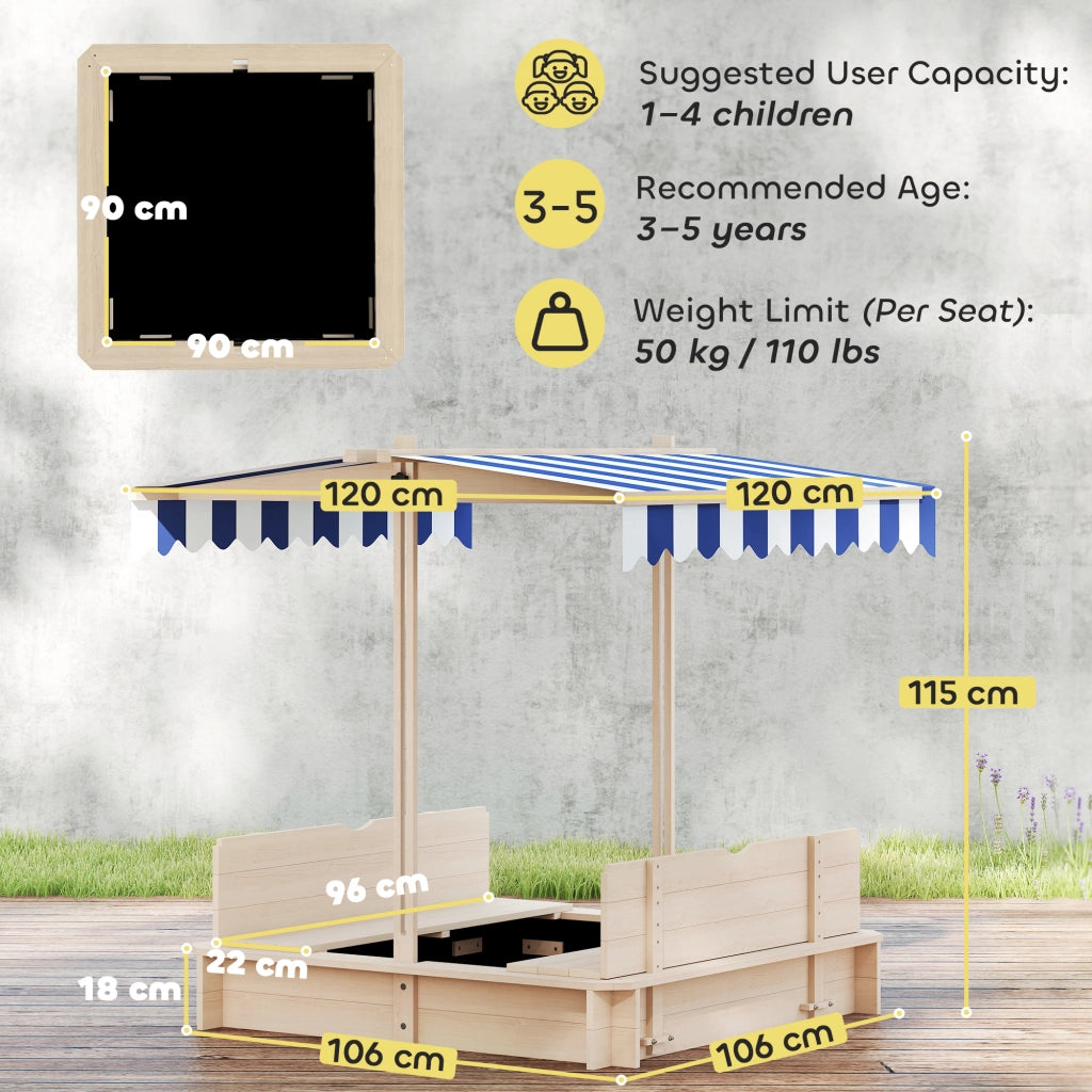 Sabbiera per Bambini in Legno con Tettuccio Parasole, Panca e Coperchio, 106x106x115 cm Bianco e Blu