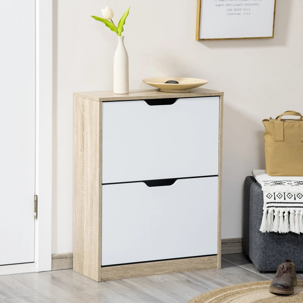 Scarpiera Salvaspazio Slim con 2 Cassetti ¨C zephmum ¨C Legno e Bianco 62.5x26x81 cm